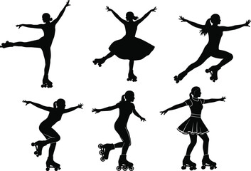 Roller skating silhouette, female dancer illustration, artistic sport vector, graceful skater design, black and white athlete graphic, performance motion concept