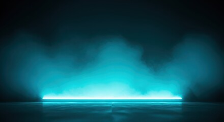 Obraz premium Abstract Teal Glow Stage Horizontal Light Line Emanating Cyan Smoke on a Dark Platform in Atmospheric, Technological Space