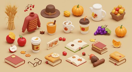 Cozy Autumn Essentials Collection: Charming 3D isometric illustration of fall harvest items, warm drinks, books, and seasonal decor for hygge themes