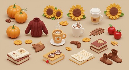 Cozy Autumn Flat Lay: Fall Essentials Collection with Pumpkins, Books, Sweaters, Warm Drinks, and Seasonal Decor