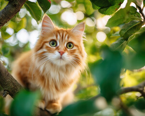 Fototapeta premium Fluffy orange cat with green eyes sitting in tree surrounded by leaves and soft sunlight, curious expression and warm bokeh