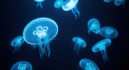 A mesmerizing school of bioluminescent moon jellyfish gracefully drifting through the tranquil, deep blue abyss of the ocean