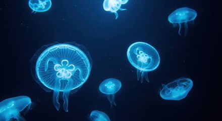 High-resolution photograph of jellyfish gracefully suspended in dark blue water. The bioluminescent glow of these aquatic creatures lights up their forms