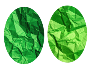 Two oval shapes filled with crinkled green paper, outlined on a black background