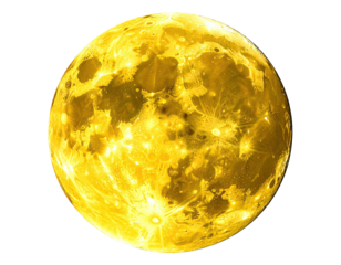 Bright yellow celestial body with craters on black background, isolated
