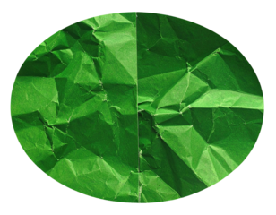 Oval-shaped image shows folded and crumpled green paper