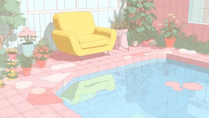 Pastel poolside scene with a yellow armchair.