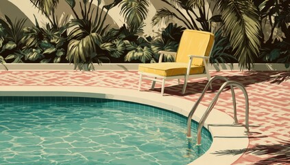 Swimming pool scene with a yellow chair and tropical plants.