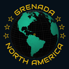 Grenada on Globe. Round country and continent name text. Country view on world map in Black Emerald color palette. Grenada shape on map. Elegant vector illustration.
