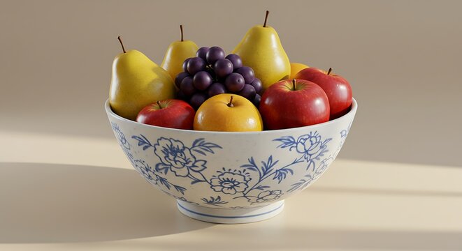 Healthy Mixed Fruits: Apples, Pears, Grapes in Floral Bowl - Powered by Adobe