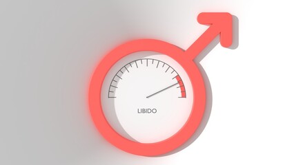 Meter scale with arrow inside male symbol. The libido level measuring device icon. Sign tachometer, speedometer or indicator. Infographic gauge element. Health care concept. 3D render.