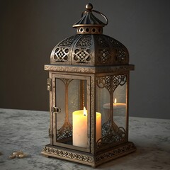 Ornate antique metal lantern with intricate filigree detailing and glowing candles casting warm light indoors