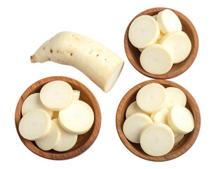 White daikon radish, whole and sliced, arranged with wooden bowls on a black background