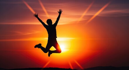 Fototapeta premium Silhouette of a person joyfully jumping high against a vibrant sunset sky