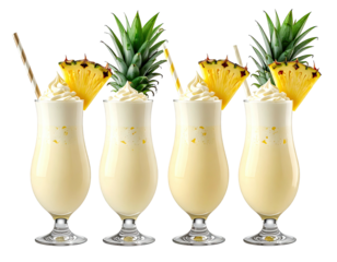 Four creamy cocktails with whipped cream, pineapple, & straw on black