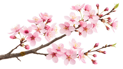 Fresh bright pink cherry blossom flowers on a tree branch in spring, sakura springtime season, isolated against a transparent background.
