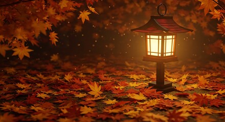Traditional Japanese Lantern Illuminating a Golden Carpet of Fallen Autumn Leaves in a Serene Forest Setting