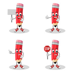 Cute Red Pencil with Facial Expressions &ndash; Fun Stationery Illustration Characters.  Cute and Playful Stationery Design.