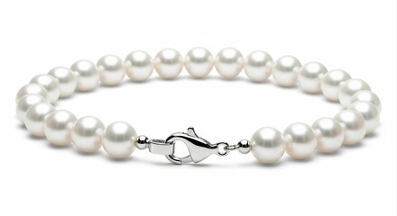 Classic Freshwater Pearl Bracelet, Lustrous White Pearls, Sterling Silver Clasp, Soft Reflective Studio Lighting, Isolated on Pure Pristine White Background