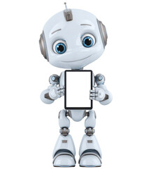 Smart Bot: A charming robot presents a digital tablet with a blank screen, symbolizing technology.