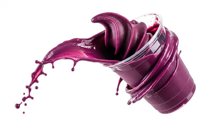 Dynamic splash of purple acai smoothie in transparent plastic cup.