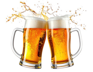 Two frothy beer mugs clinking, creating a splash with golden liquid and foam