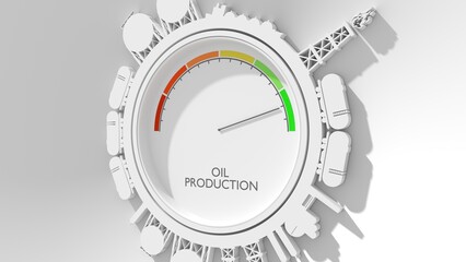 Oil production value measuring device with arrow and scale. Oil pump growth. Resources logistic. Icons located around circle. 3D render