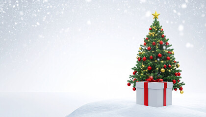 Festive Season Gifting: A meticulously decorated Christmas tree stands atop a pristine white gift box, a scene of joy and celebration. A flurry of delicate snowflakes gently fall.