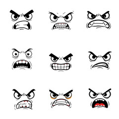 set of cartoon outline black and white emoji faces with angry feelings
