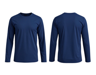 Front and back views of a plain, long-sleeved, navy blue athletic shirt