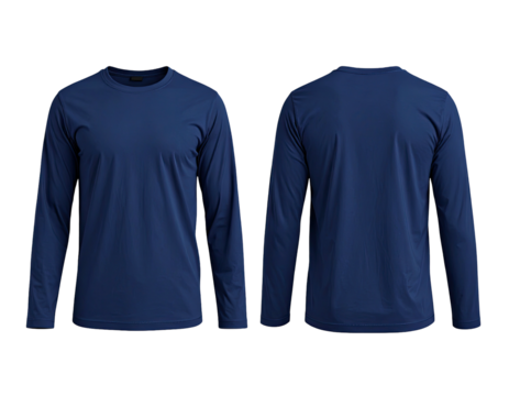 Front and back views of a plain, long-sleeved, navy blue athletic shirt