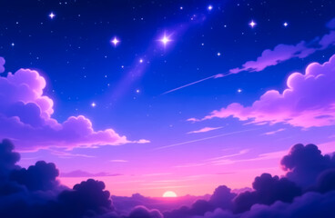 A dreamy sunrise paints the sky in soft pinks and purples above a sea of clouds, with twinkling stars fading into the morning light.