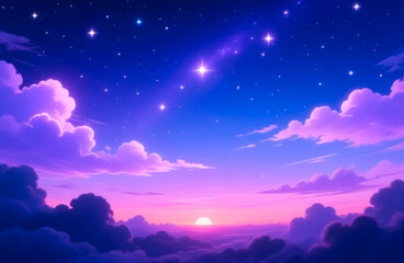 A dreamy sunrise paints the sky in soft pinks and purples above a sea of clouds, with twinkling stars fading into the morning light.
