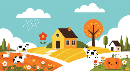 Naklejka premium Charming cartoon farm with animals and autumn harvest scenery.