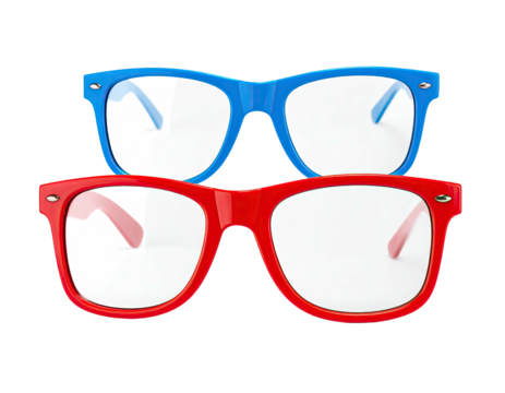 Two pairs of glasses, one blue, one red, with clear lenses, side by side