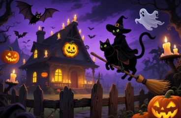 A black cat dressed as a witch soars through a moonlit Halloween sky, surrounded by glowing pumpkins, spooky ghosts, and fluttering bats.