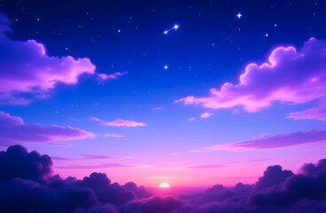 A dreamy sunrise paints the sky in soft pinks and purples above a sea of clouds, with twinkling stars fading into the morning light.