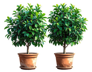 Two potted shrubs with bright green leaves against a black backdrop