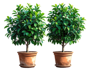 Two potted shrubs with bright green leaves against a black backdrop