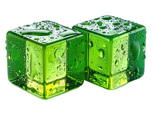 Two vibrant green, cube-shaped objects glistening with water droplets