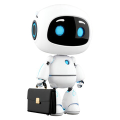 Cute 3D white robot character with bag for futuristic cartoon illustration on transparent background.
