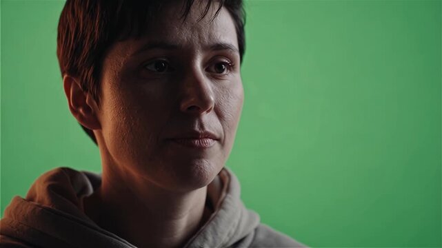 Woman opens eyes and looks forward on a green screen, showing a moment of contemplation or realization