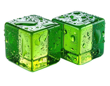 Two vibrant green, cube-shaped objects glistening with water droplets