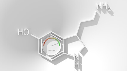 Chemical molecular formula hormone serotonin and level scale. Concept of medicine and pharmacy. 3D render