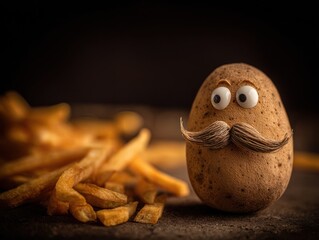 A potato with a mustache and funny eyes next to french fries.
