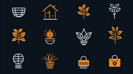 Fototapeta premium A set of minimalist icons representing eco friendly home features including plants renewable energy and security elements