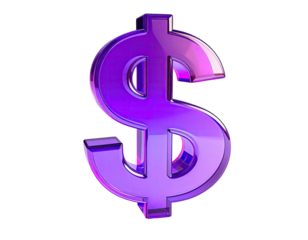 Shiny, purple rendered dollar sign isolated on a black background, metallic look