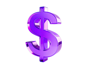 Shiny, purple dollar sign icon, rendered with glossy, reflective finish against black