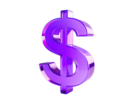 Shiny, purple dollar sign icon, rendered with glossy, reflective finish against black