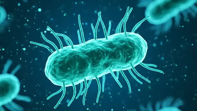 Close-up 3D animation of a rod-shaped bacterium with fimbriae or pili